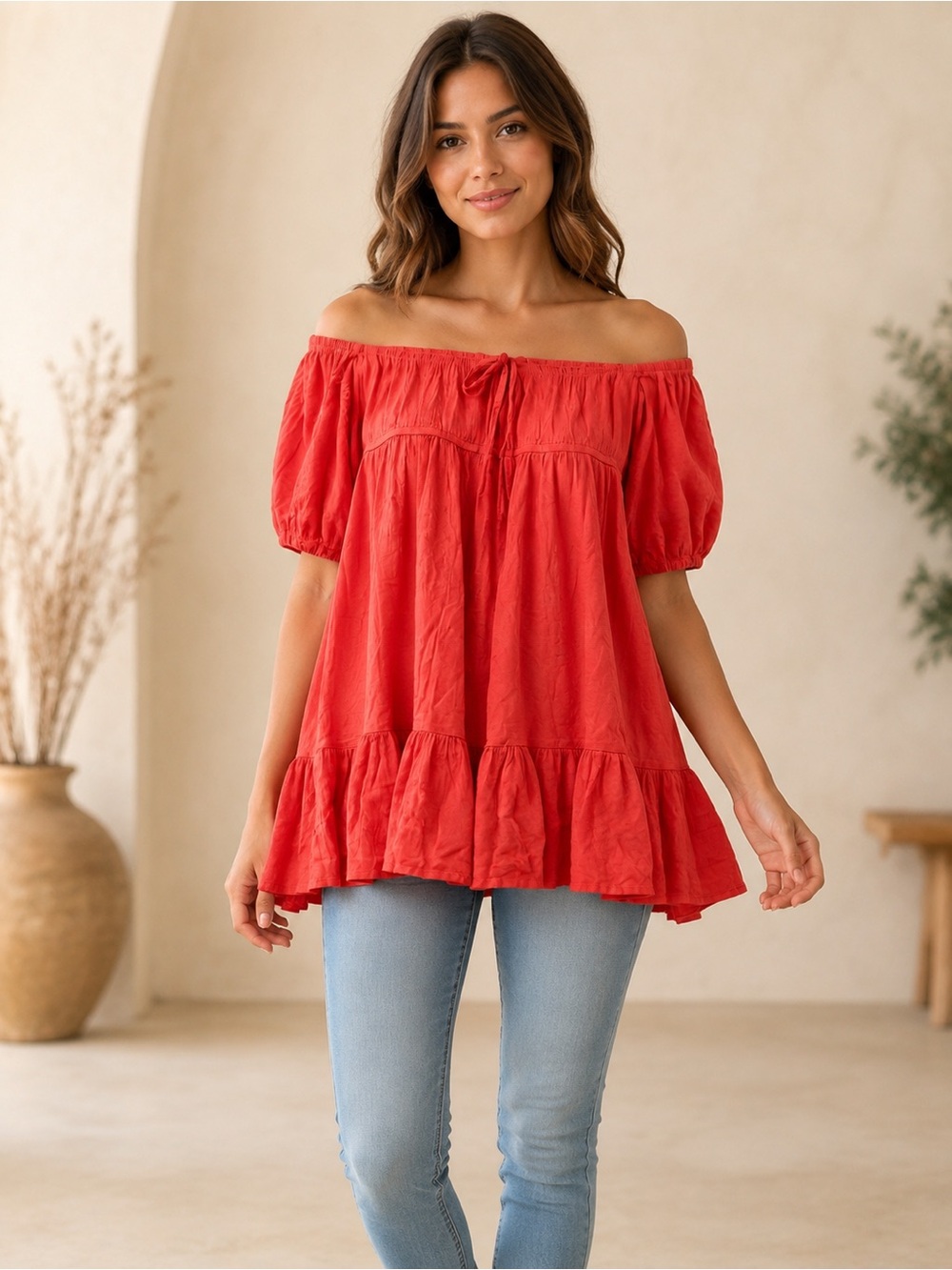 Shop Neighbor Coral Off-Shoulder Open-Back Ruffle Top Size M